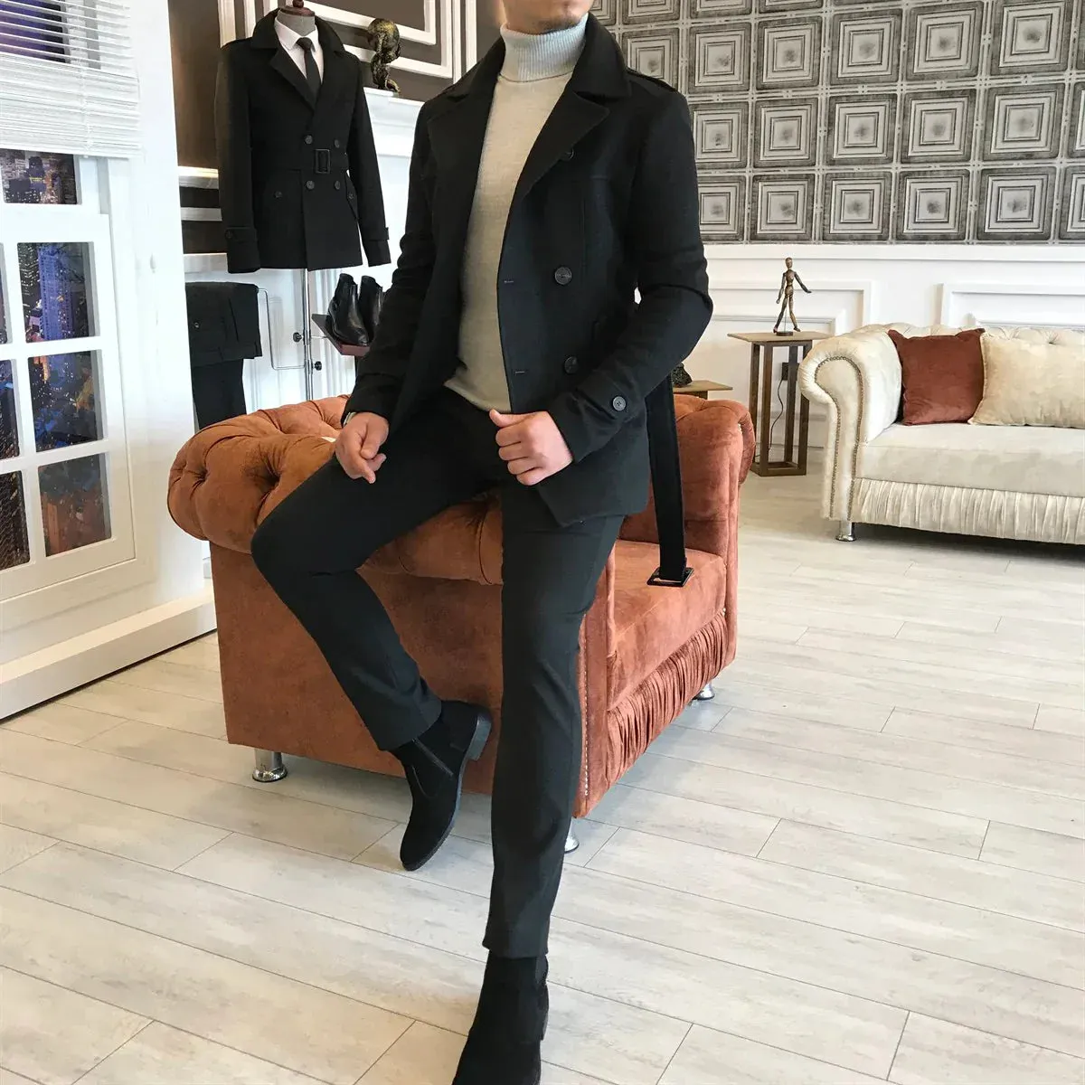 Arctic Black Double Breasted Over Coat by ITALIAN VEGA®