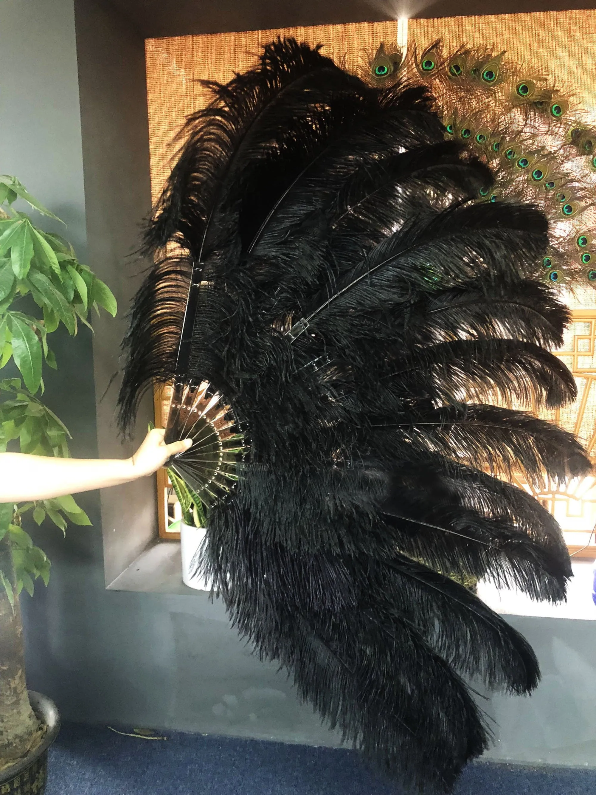 Black Advanced XL 2 Layers Ostrich Feather Fan 34"x 60"