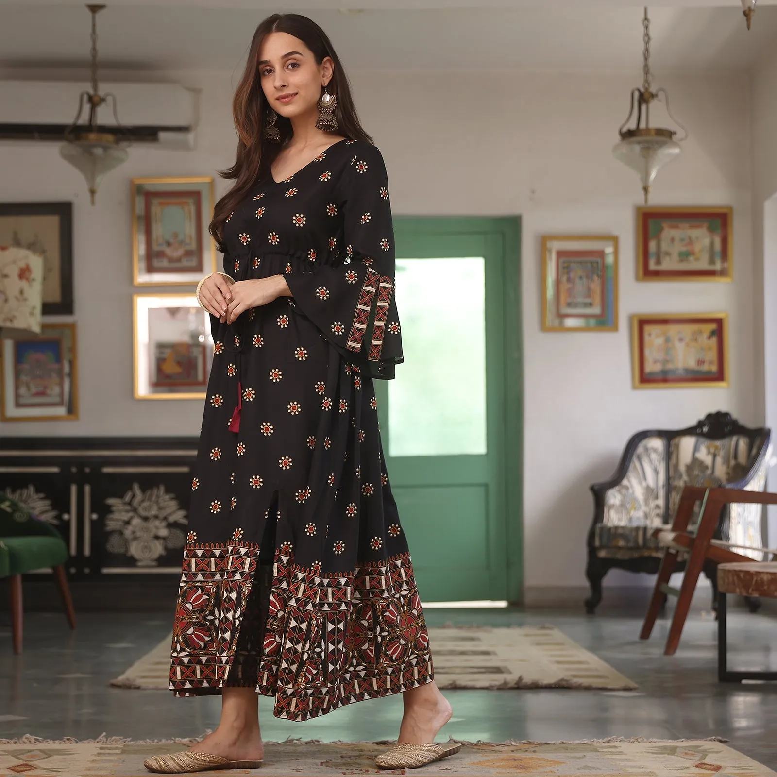 Black Flower Dress With Flared Sleeves And Slit Detail