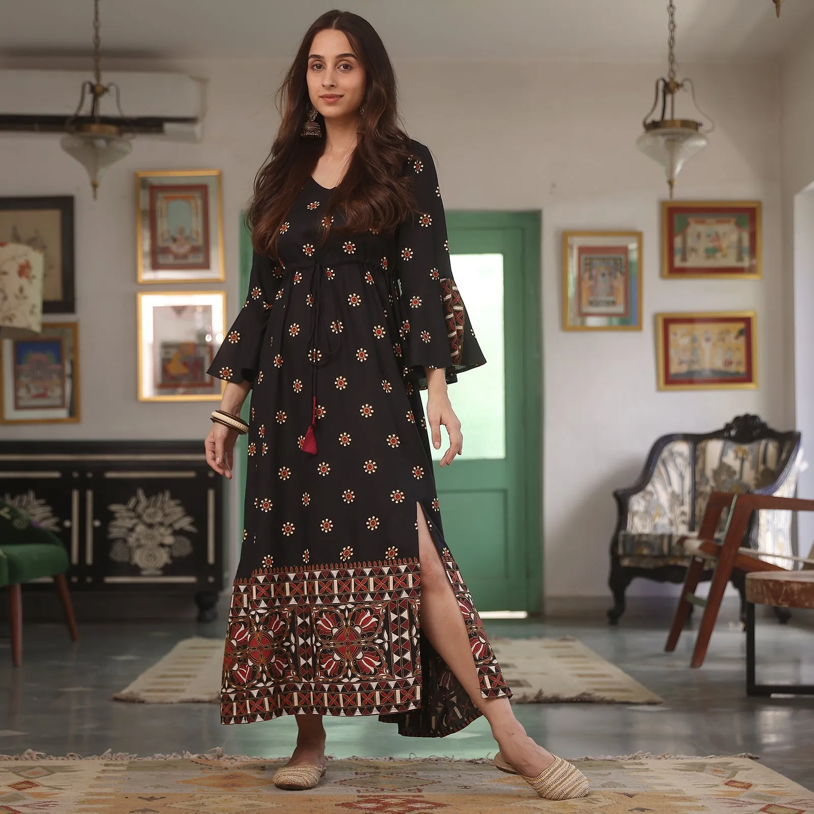 Black Flower Dress With Flared Sleeves And Slit Detail
