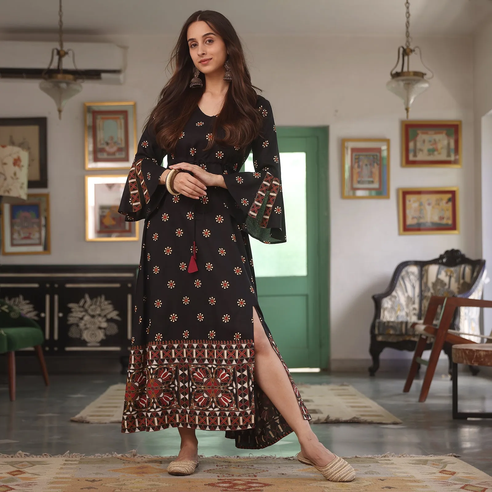 Black Flower Dress With Flared Sleeves And Slit Detail