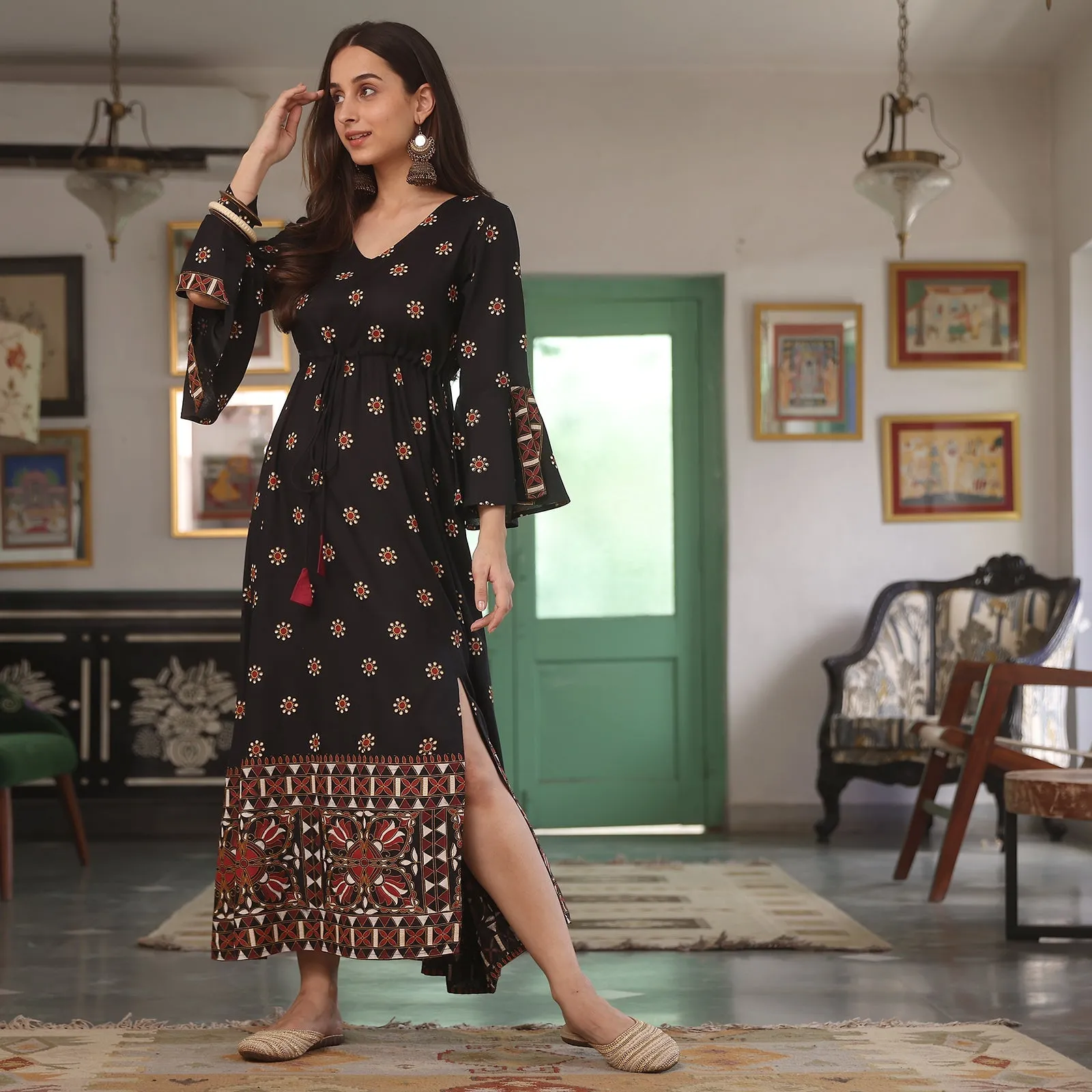 Black Flower Dress With Flared Sleeves And Slit Detail