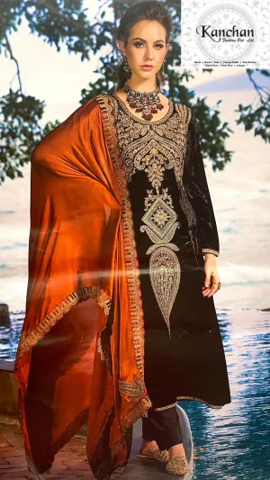 Black Velvet Unstitched Suit with Zari and thread Embroidery