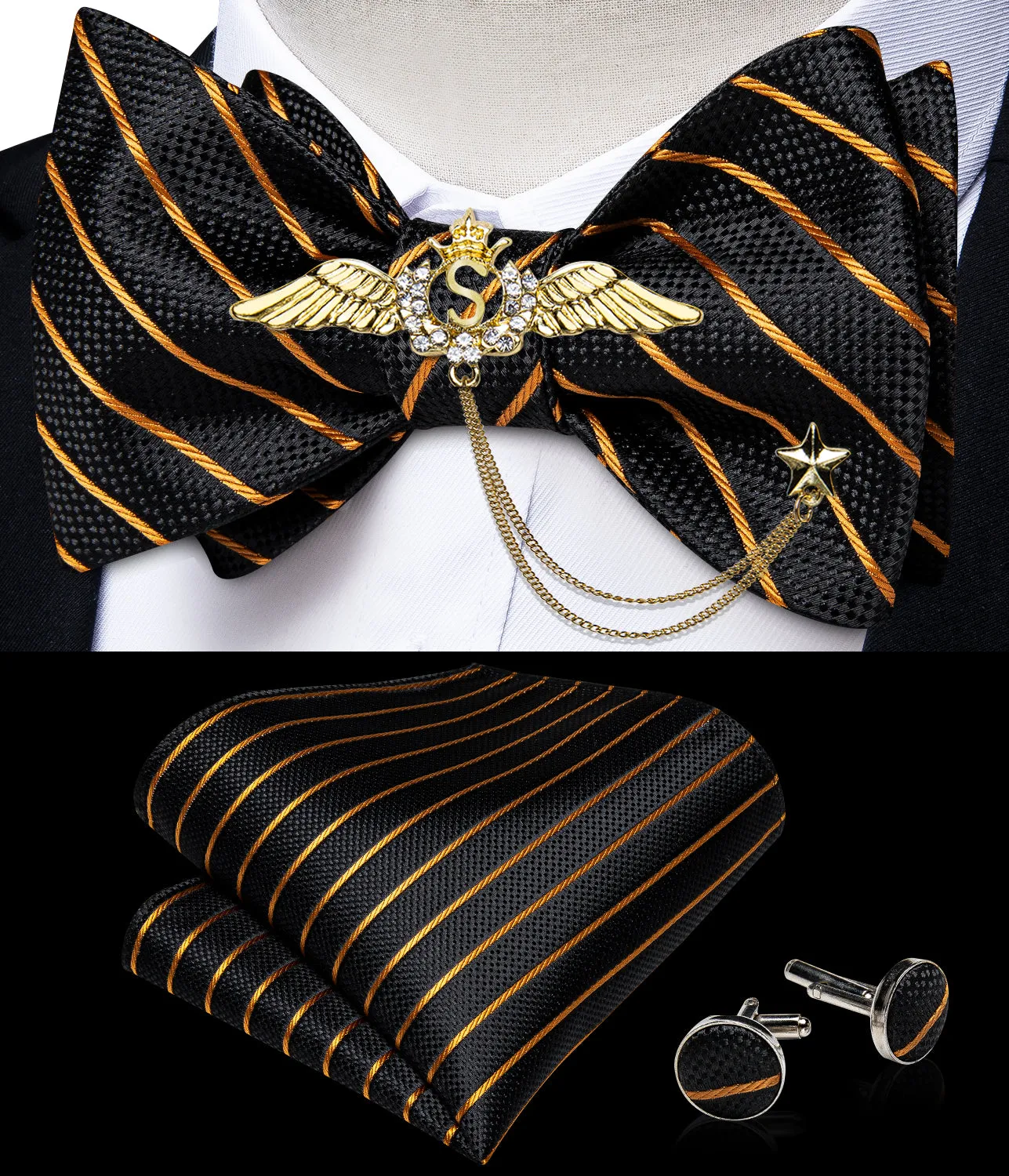 Black Yellow Striped Self-Bowtie Pocket Square Cufflinks With Wing Lapel Pin Brooch
