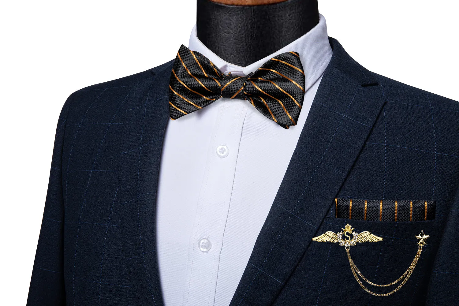 Black Yellow Striped Self-Bowtie Pocket Square Cufflinks With Wing Lapel Pin Brooch