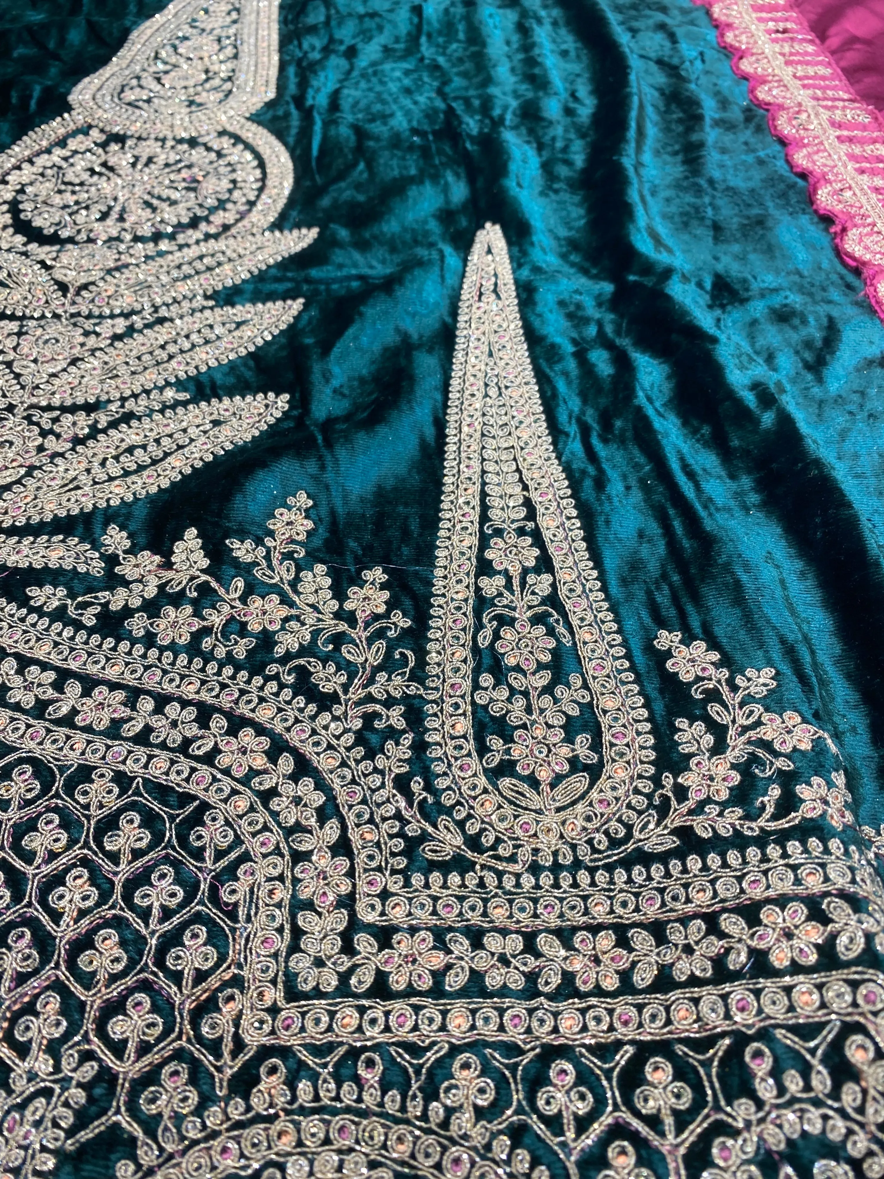 Bottle Green Velvet Unstitched Suit with Zari and thread Embroidery