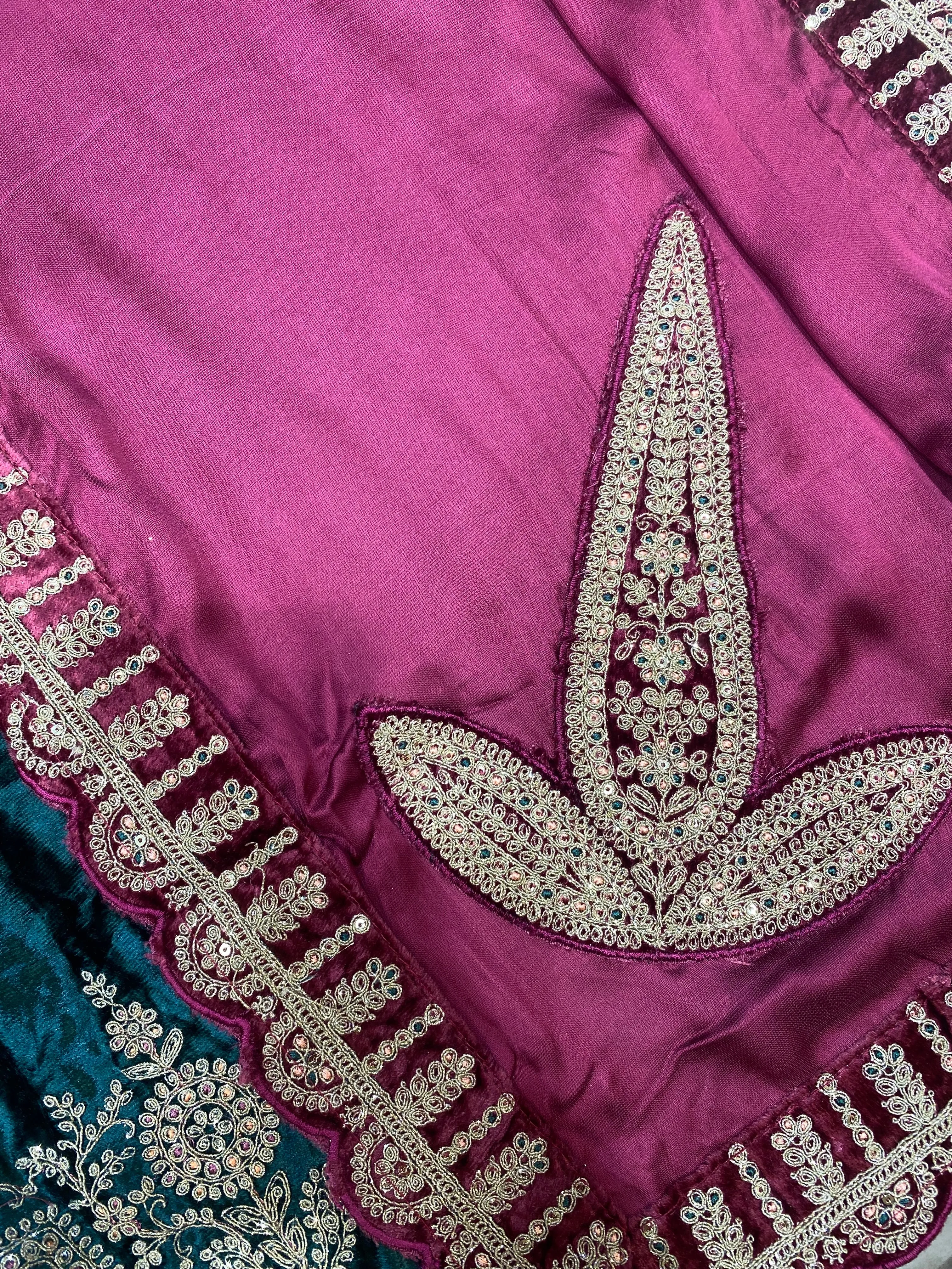 Bottle Green Velvet Unstitched Suit with Zari and thread Embroidery