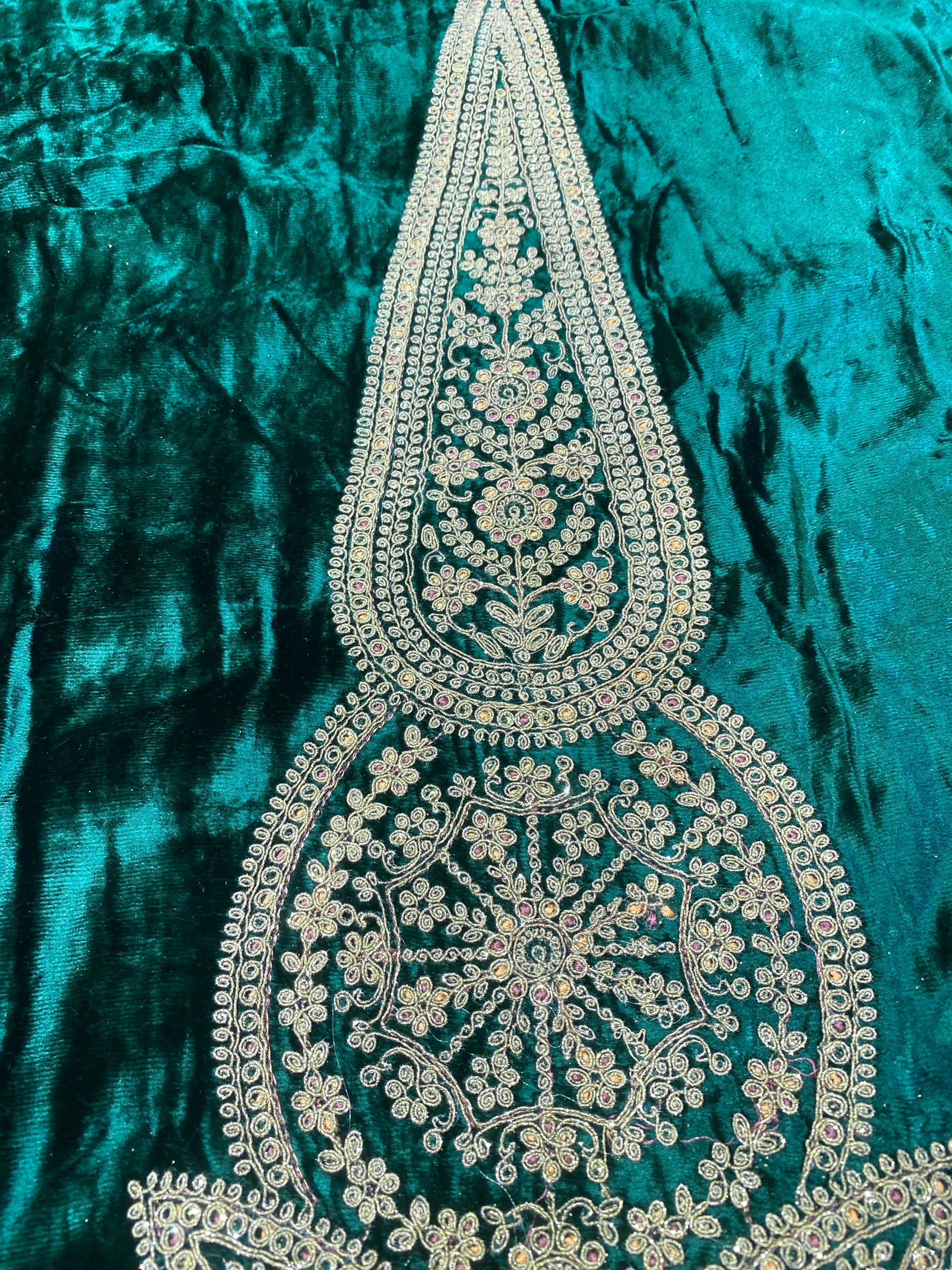 Bottle Green Velvet Unstitched Suit with Zari and thread Embroidery