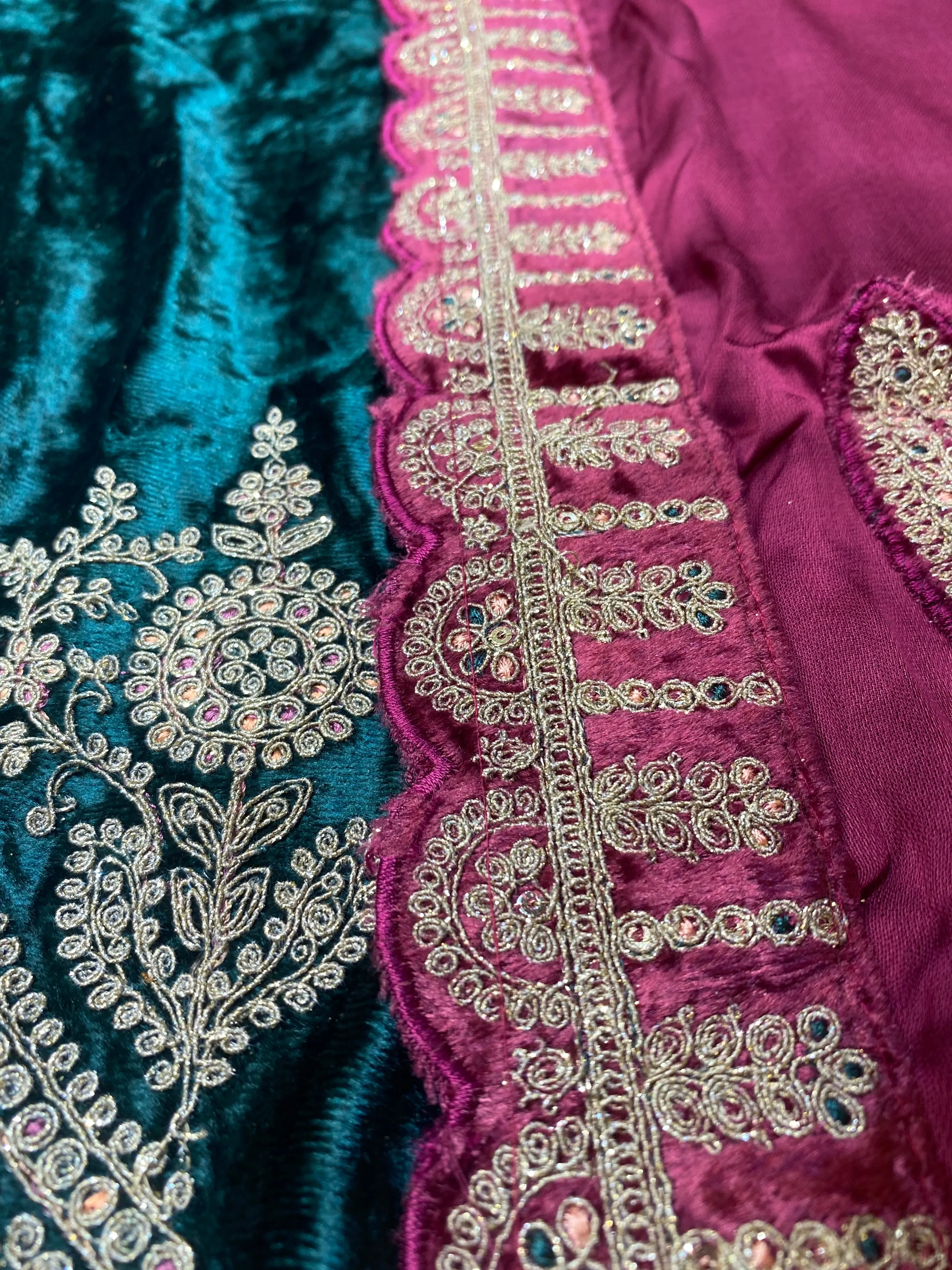 Bottle Green Velvet Unstitched Suit with Zari and thread Embroidery