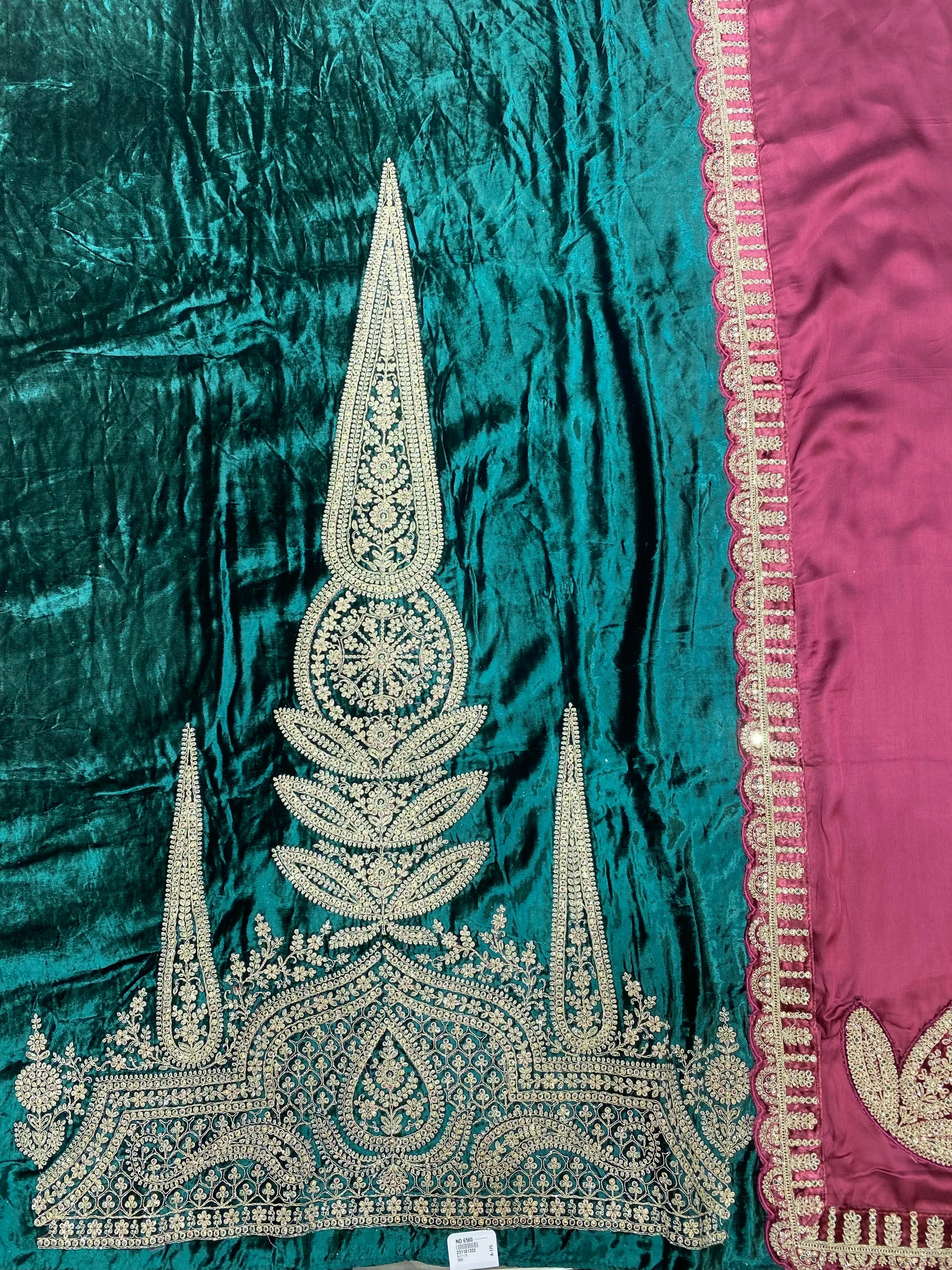 Bottle Green Velvet Unstitched Suit with Zari and thread Embroidery