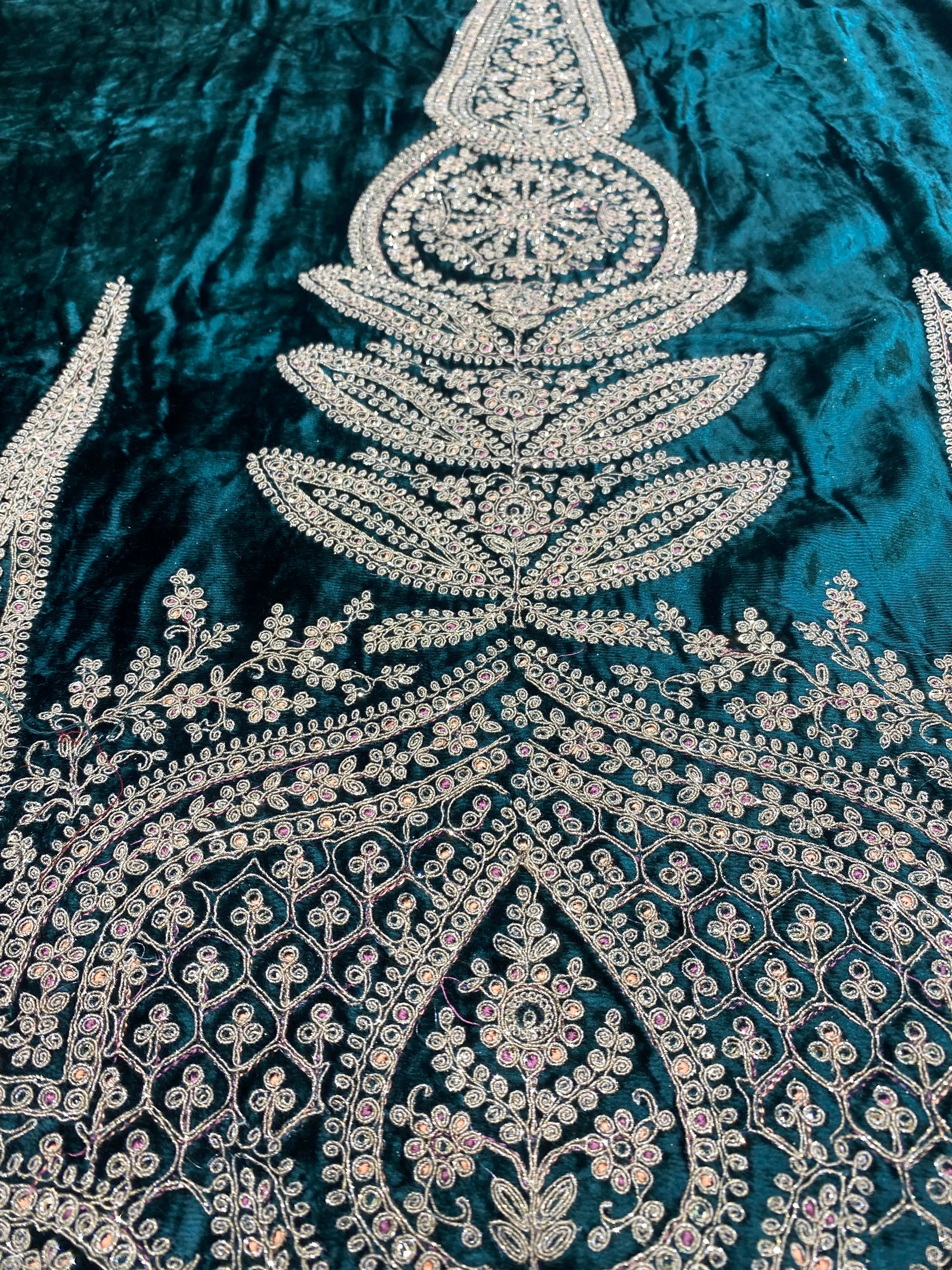 Bottle Green Velvet Unstitched Suit with Zari and thread Embroidery