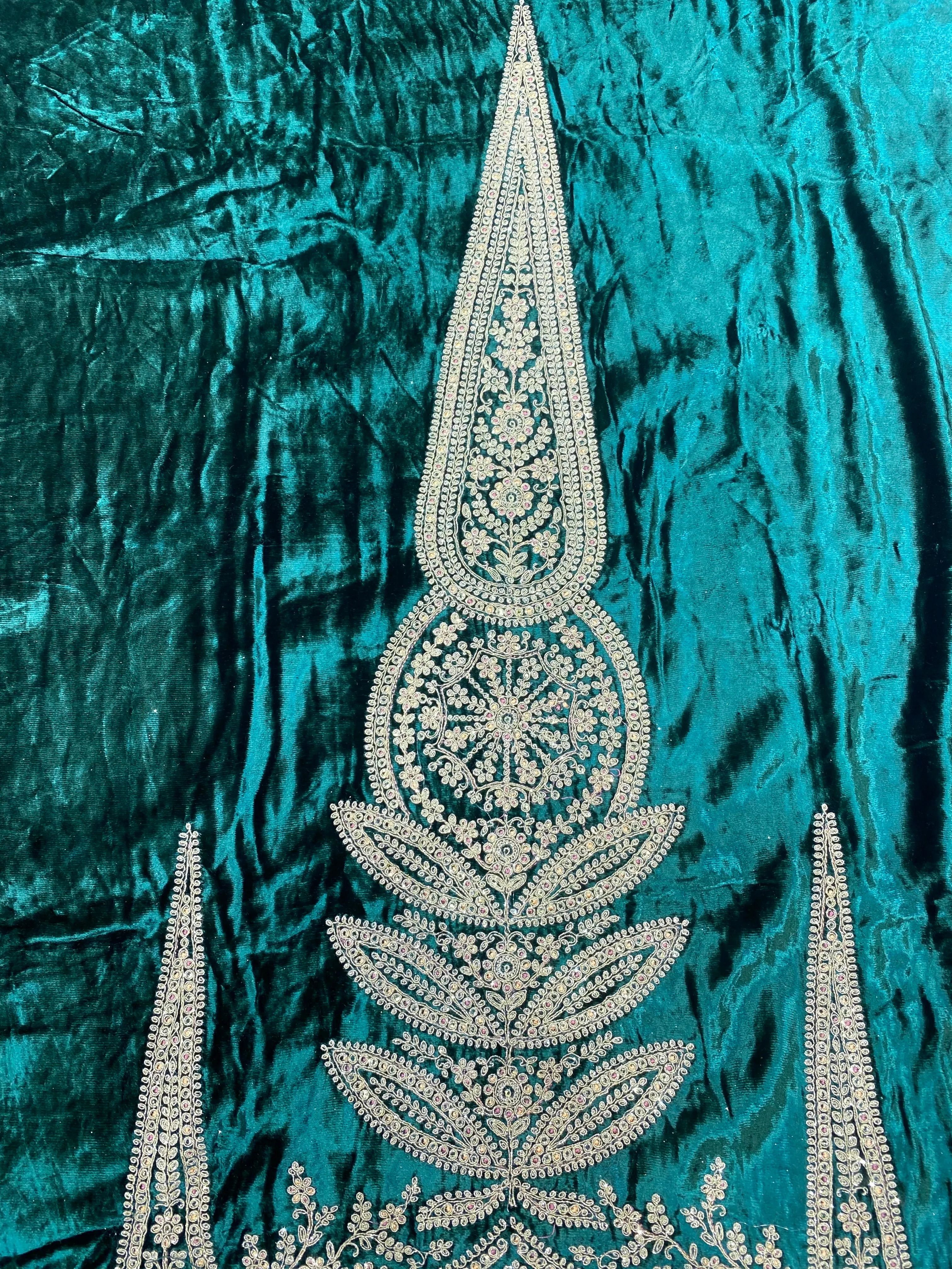 Bottle Green Velvet Unstitched Suit with Zari and thread Embroidery