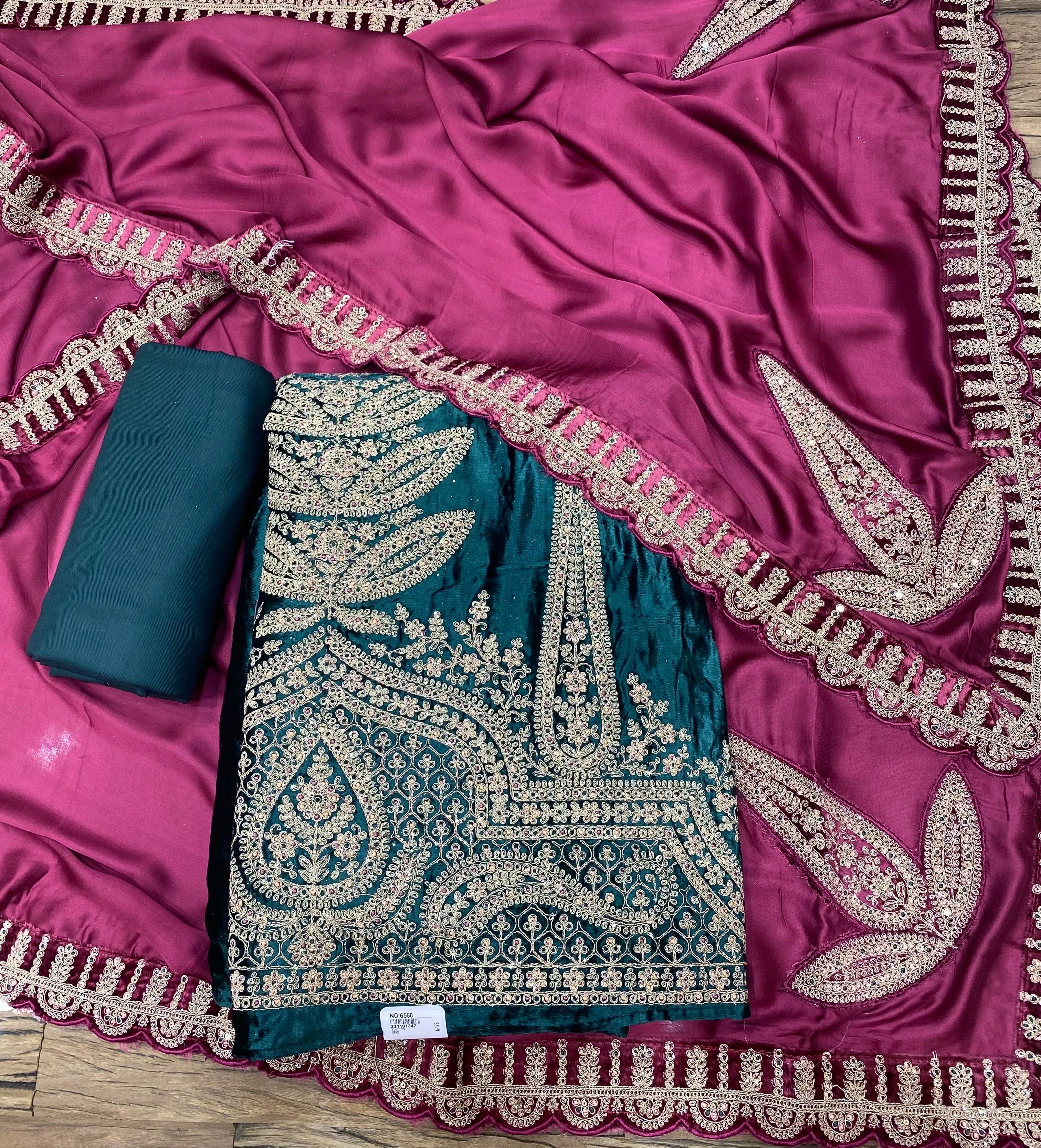 Bottle Green Velvet Unstitched Suit with Zari and thread Embroidery