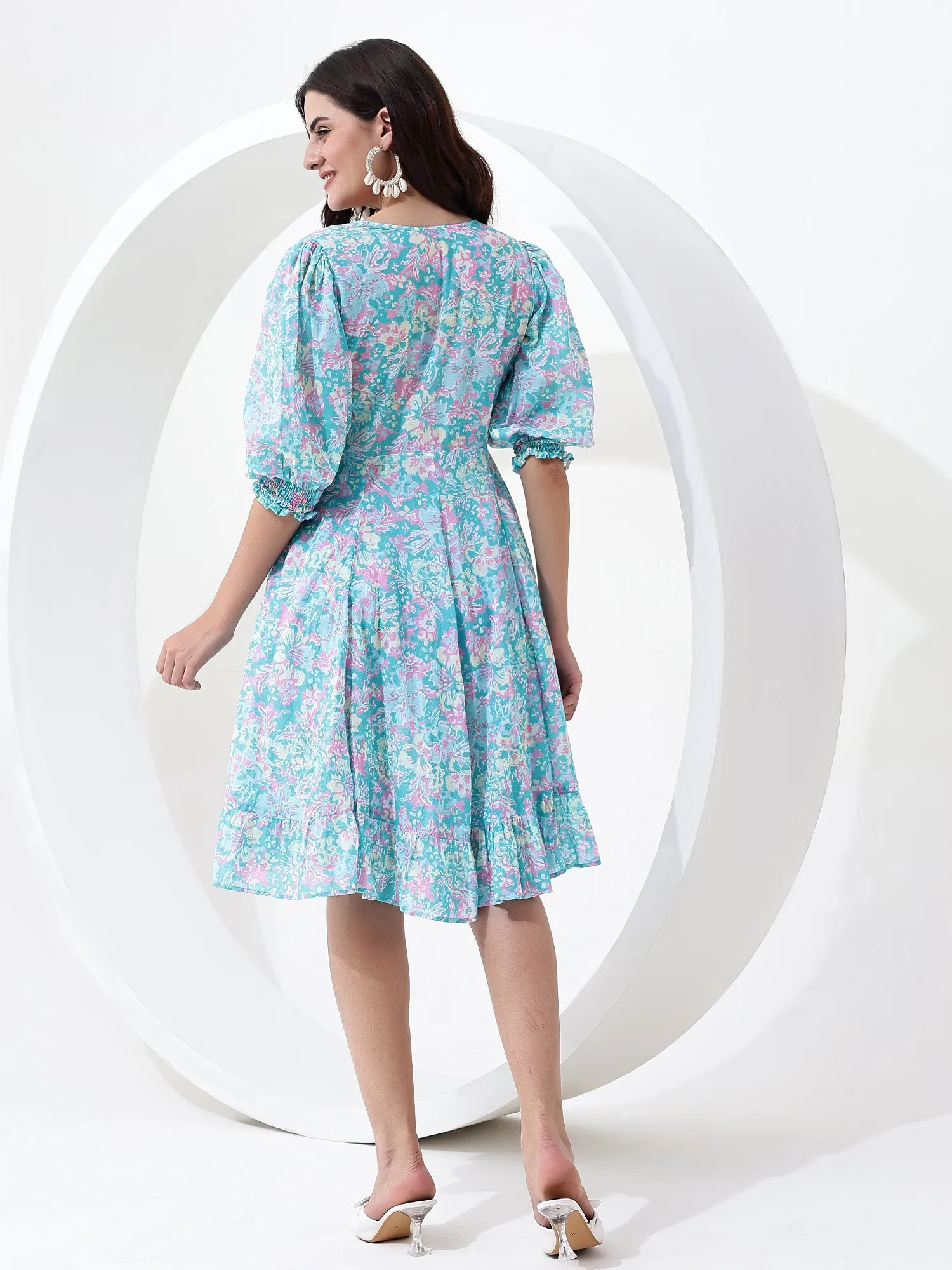 Chic and Breezy: Flowy Blue V-Neck Boho Mini Cotton Dress