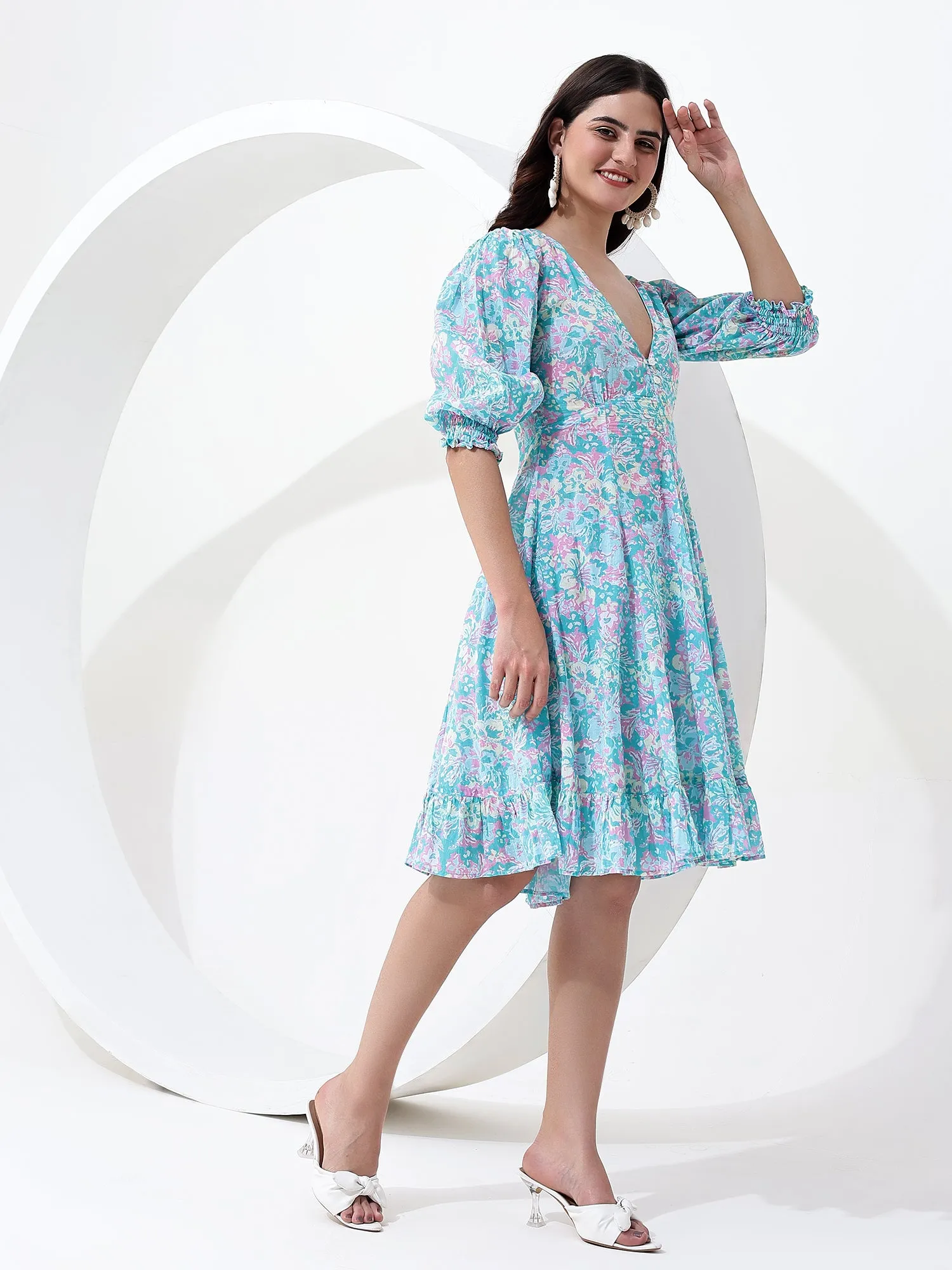 Chic and Breezy: Flowy Blue V-Neck Boho Mini Cotton Dress