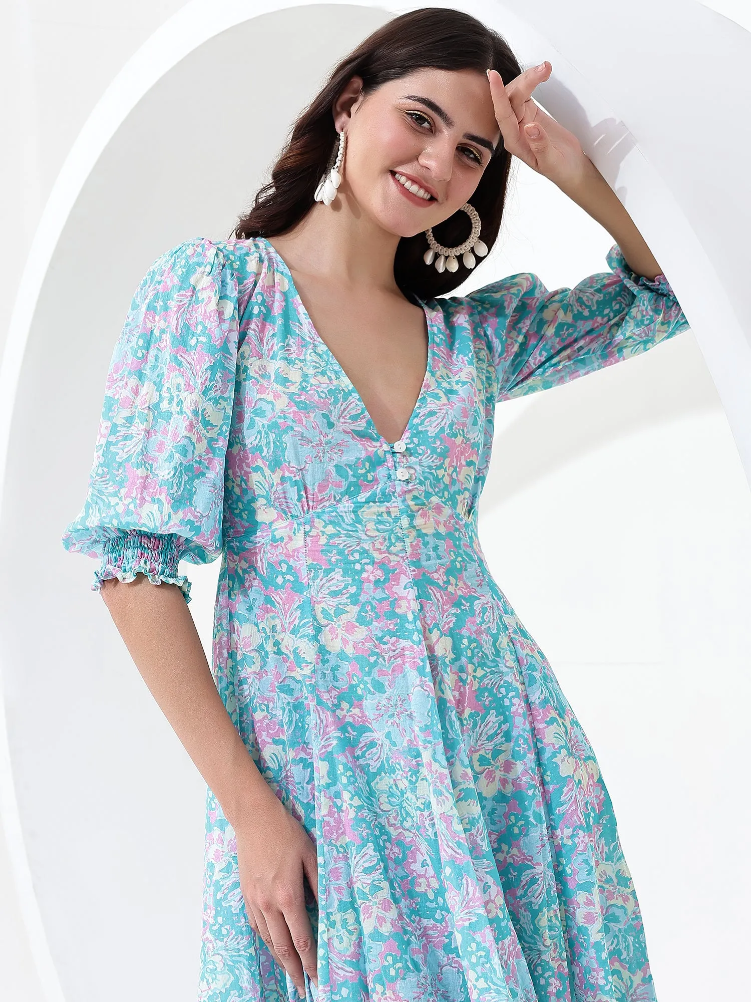 Chic and Breezy: Flowy Blue V-Neck Boho Mini Cotton Dress