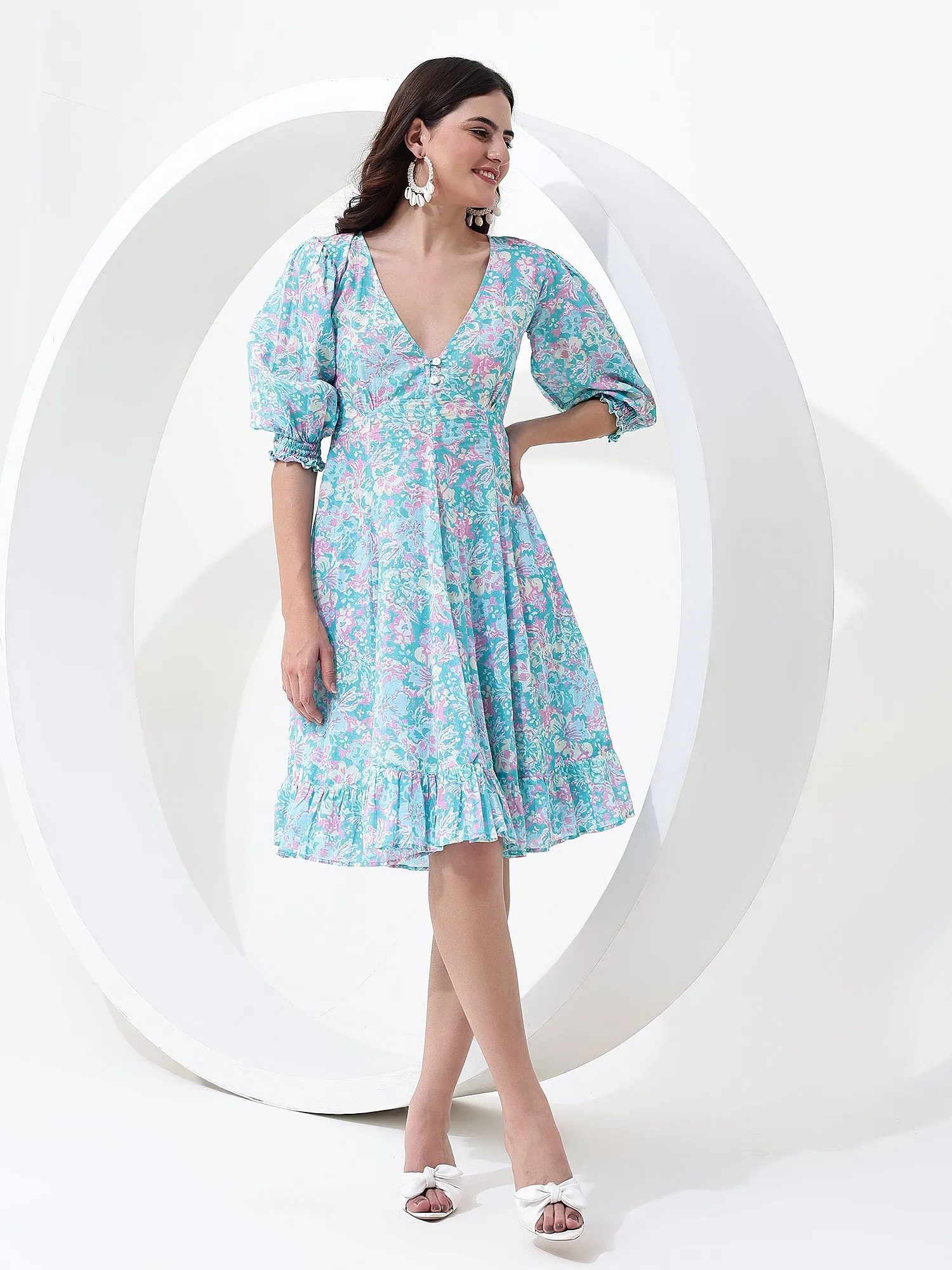 Chic and Breezy: Flowy Blue V-Neck Boho Mini Cotton Dress