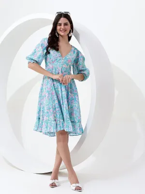 Chic and Breezy: Flowy Blue V-Neck Boho Mini Cotton Dress