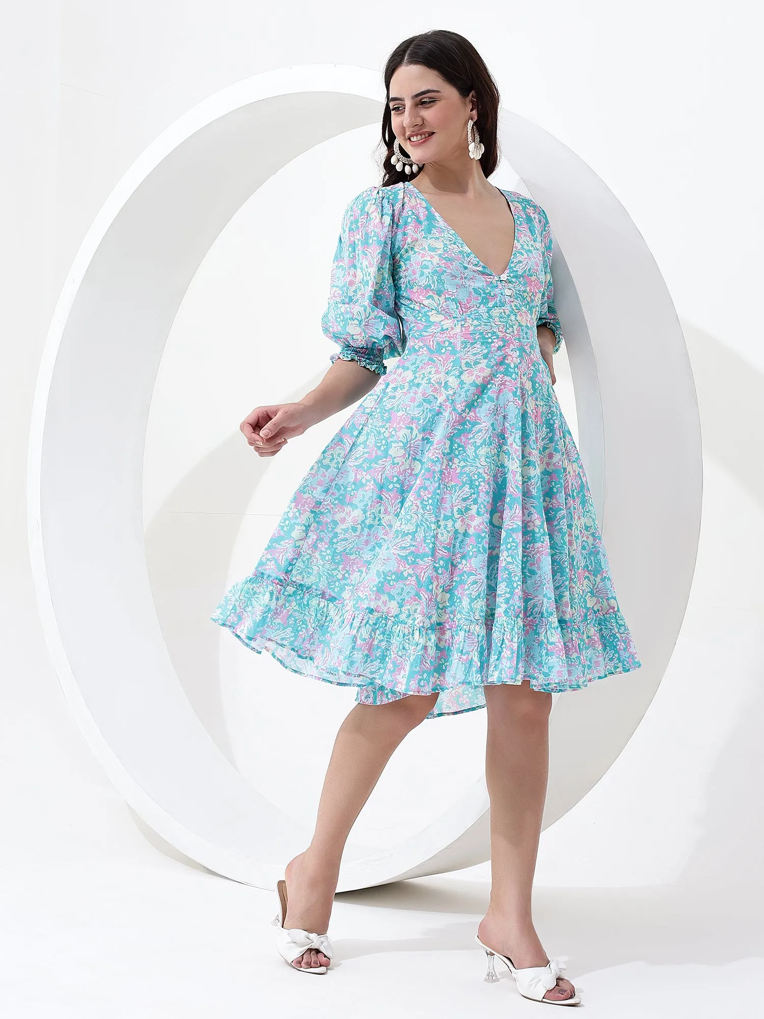 Chic and Breezy: Flowy Blue V-Neck Boho Mini Cotton Dress