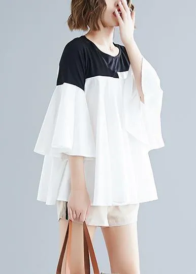 DIY o neck flare sleeve cotton blended shirts Women Tops white Knee tops Summer