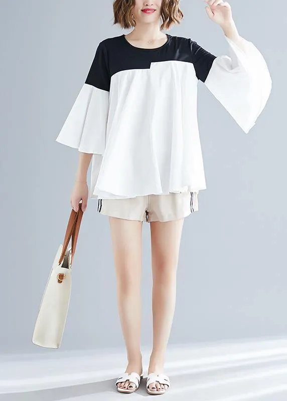 DIY o neck flare sleeve cotton blended shirts Women Tops white Knee tops Summer