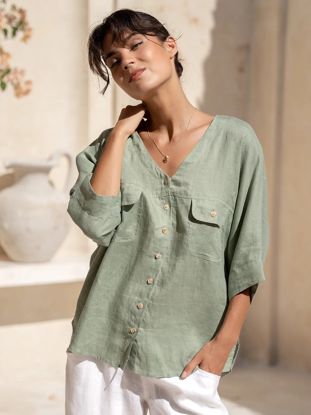 Dune French Linen Shirt Moss
