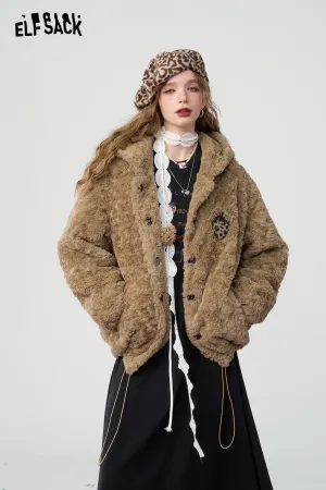 ELFSACK 2024 Winter New Arrivals Leopard strawberry hooded imitation plush jacket for women, coffee colored thick warm jacket