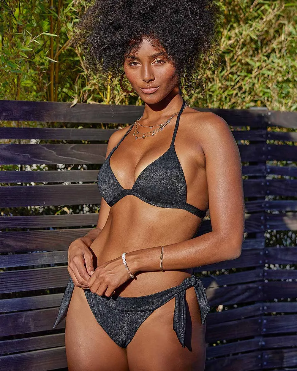 Envy Push Up® Padded Shimmer Triangle String Bikini Top and Side Tie Bottom and Cheeky