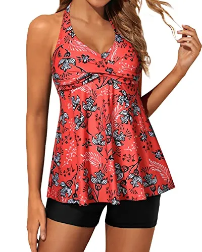 Flattering Twist Front Tankini Swimsuits For Women Shorts-Red Floral