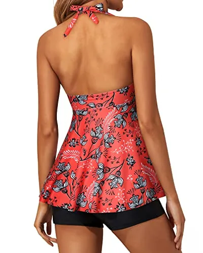 Flattering Twist Front Tankini Swimsuits For Women Shorts-Red Floral