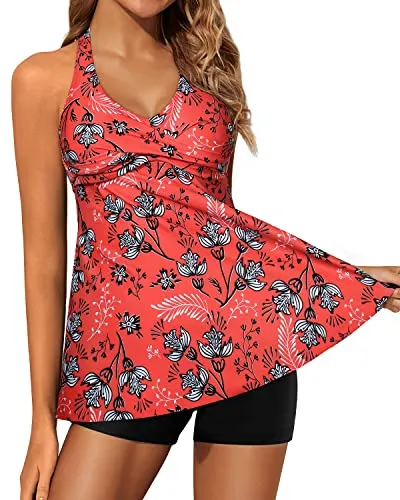 Flattering Twist Front Tankini Swimsuits For Women Shorts-Red Floral