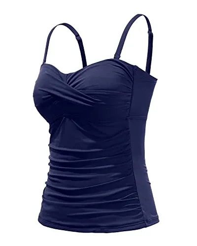 Flattering Twist Front Tankini Top Women's Bandeau Bathing Suit with Tummy Control