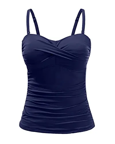 Flattering Twist Front Tankini Top Women's Bandeau Bathing Suit with Tummy Control