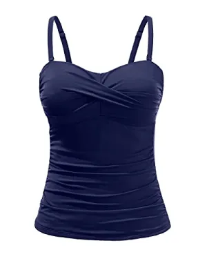 Flattering Twist Front Tankini Top Women's Bandeau Bathing Suit with Tummy Control