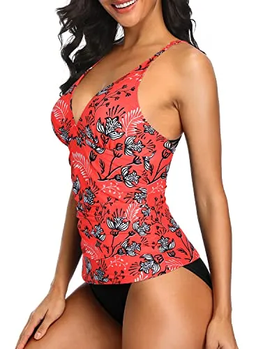Flattering V Neck Tankini Set Swimsuits For Women-Red Floral