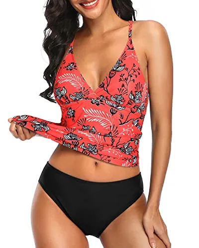 Flattering V Neck Tankini Set Swimsuits For Women-Red Floral