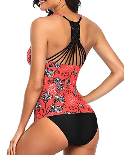 Flattering V Neck Tankini Set Swimsuits For Women-Red Floral