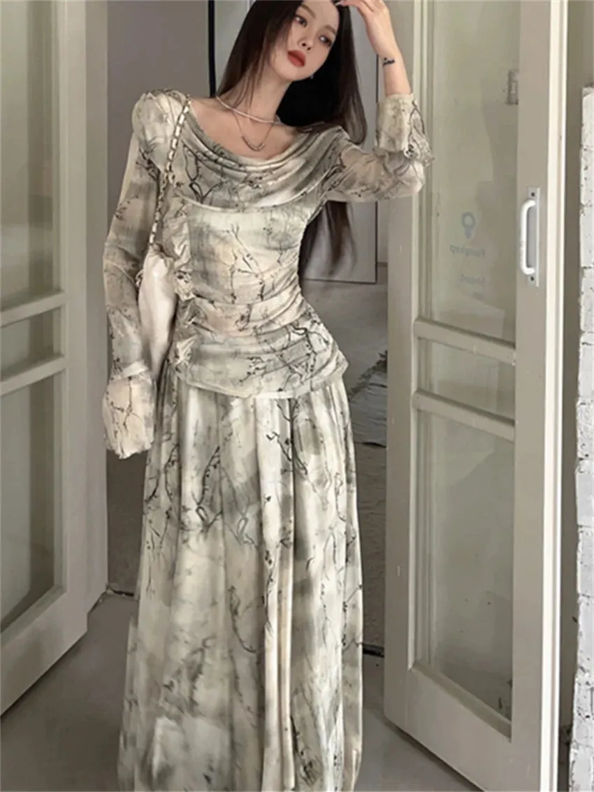 Girlary Elegant Slash Neck Blouses Women Tie-Dying Long Skirts 2024 Gentle Elegant Office Lady Spring Printed Florals Suits