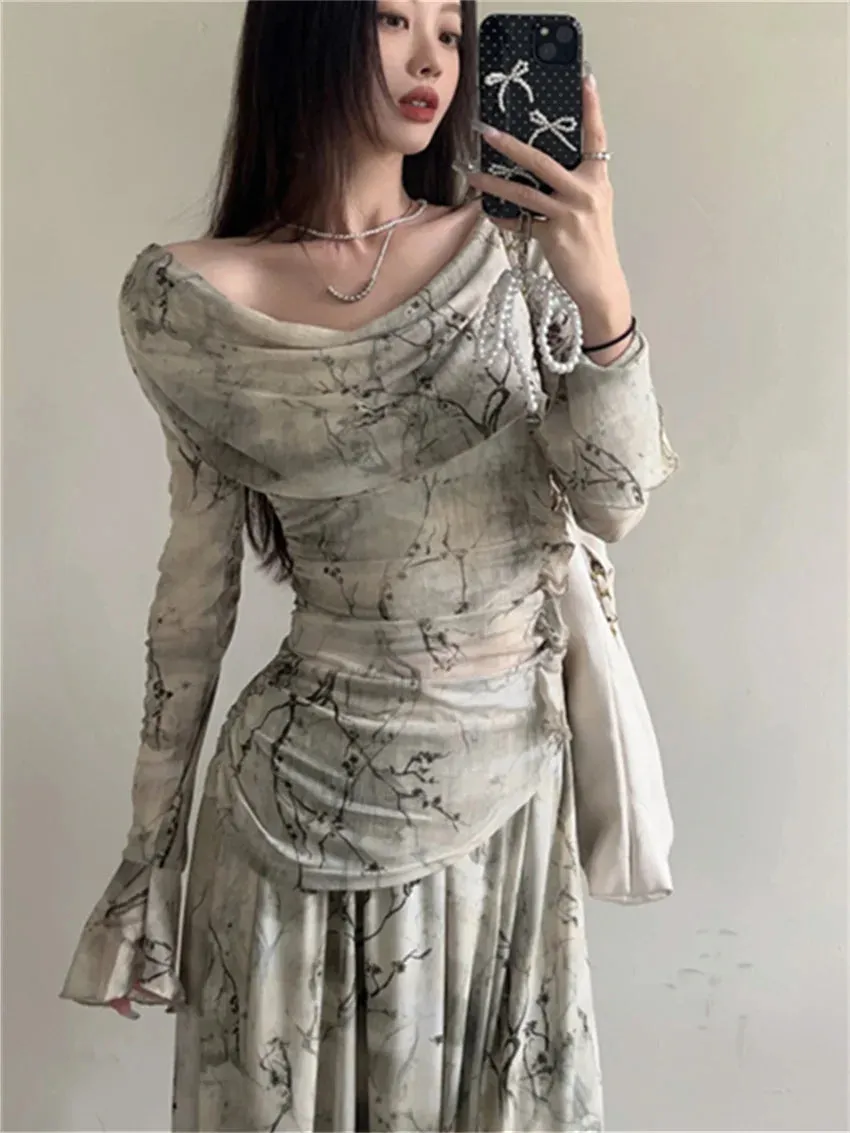 Girlary Elegant Slash Neck Blouses Women Tie-Dying Long Skirts 2024 Gentle Elegant Office Lady Spring Printed Florals Suits