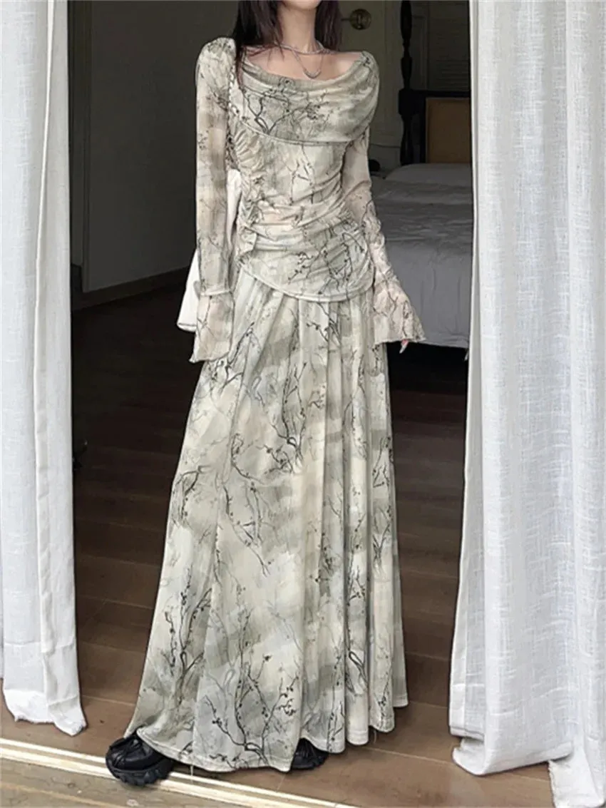 Girlary Elegant Slash Neck Blouses Women Tie-Dying Long Skirts 2024 Gentle Elegant Office Lady Spring Printed Florals Suits