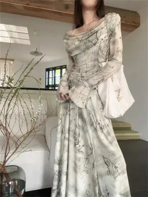 Girlary Elegant Slash Neck Blouses Women Tie-Dying Long Skirts 2024 Gentle Elegant Office Lady Spring Printed Florals Suits
