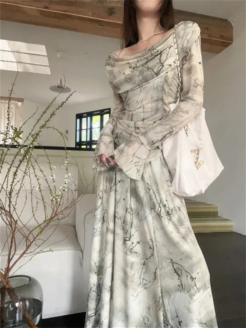 Girlary Elegant Slash Neck Blouses Women Tie-Dying Long Skirts 2024 Gentle Elegant Office Lady Spring Printed Florals Suits