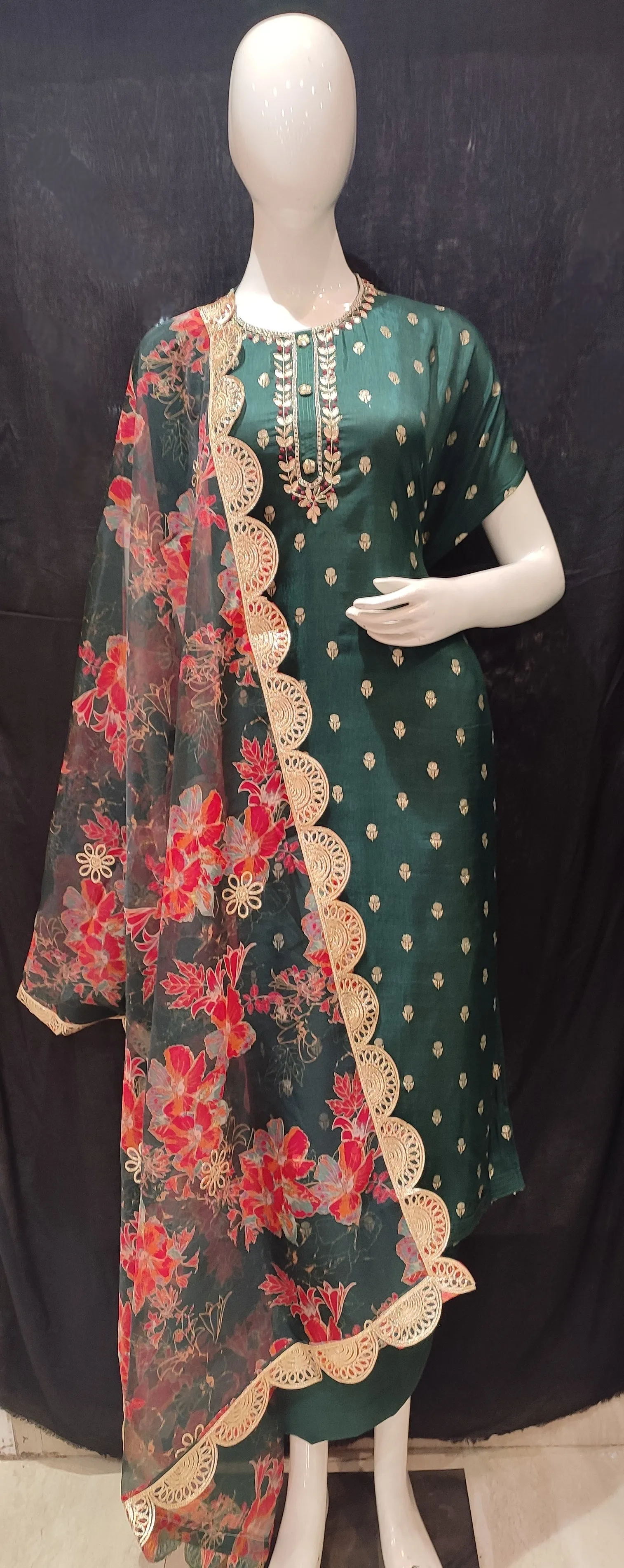 Green Silk Semi-Stitch Suit With Gota Patti Dubka Handwork