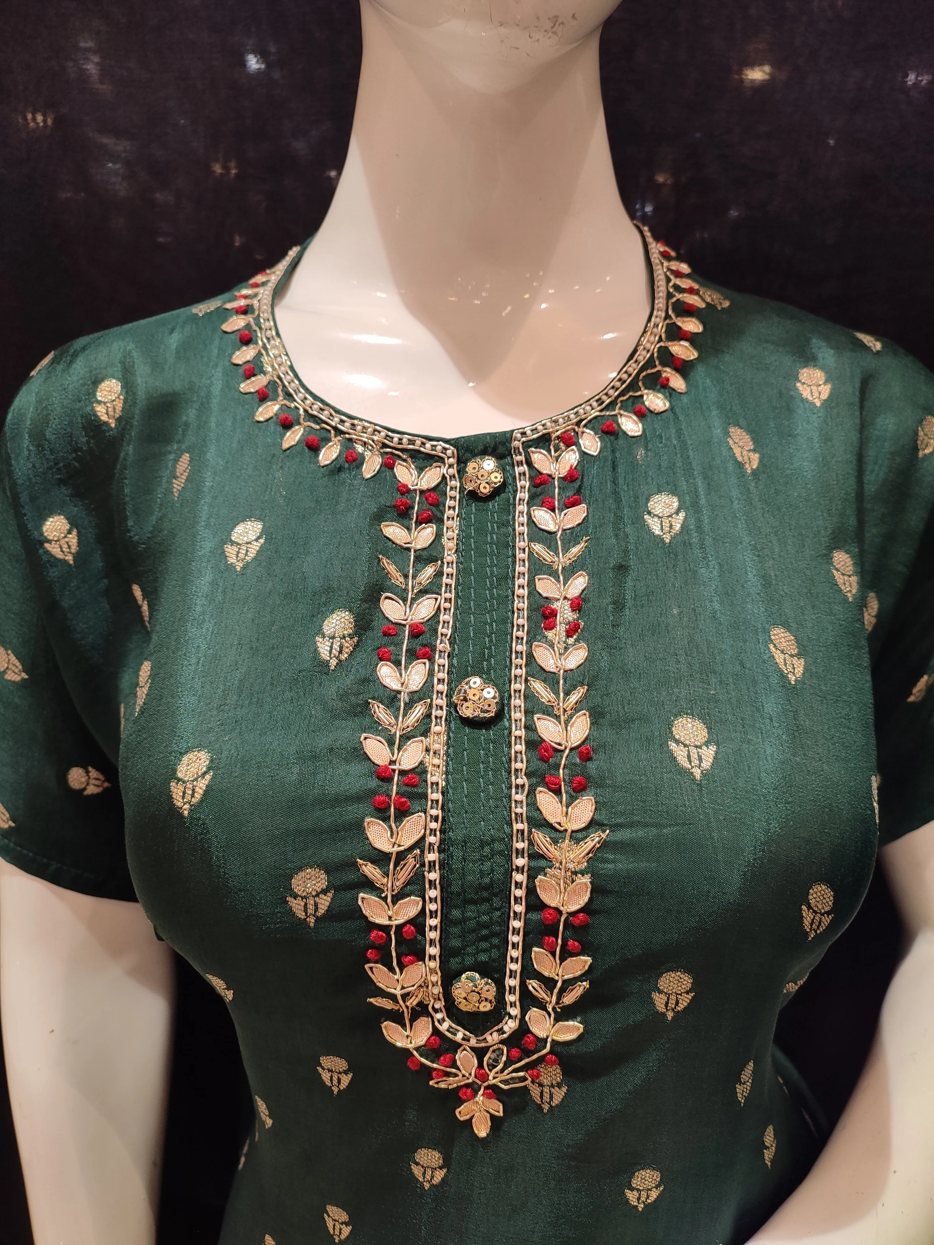 Green Silk Semi-Stitch Suit With Gota Patti Dubka Handwork