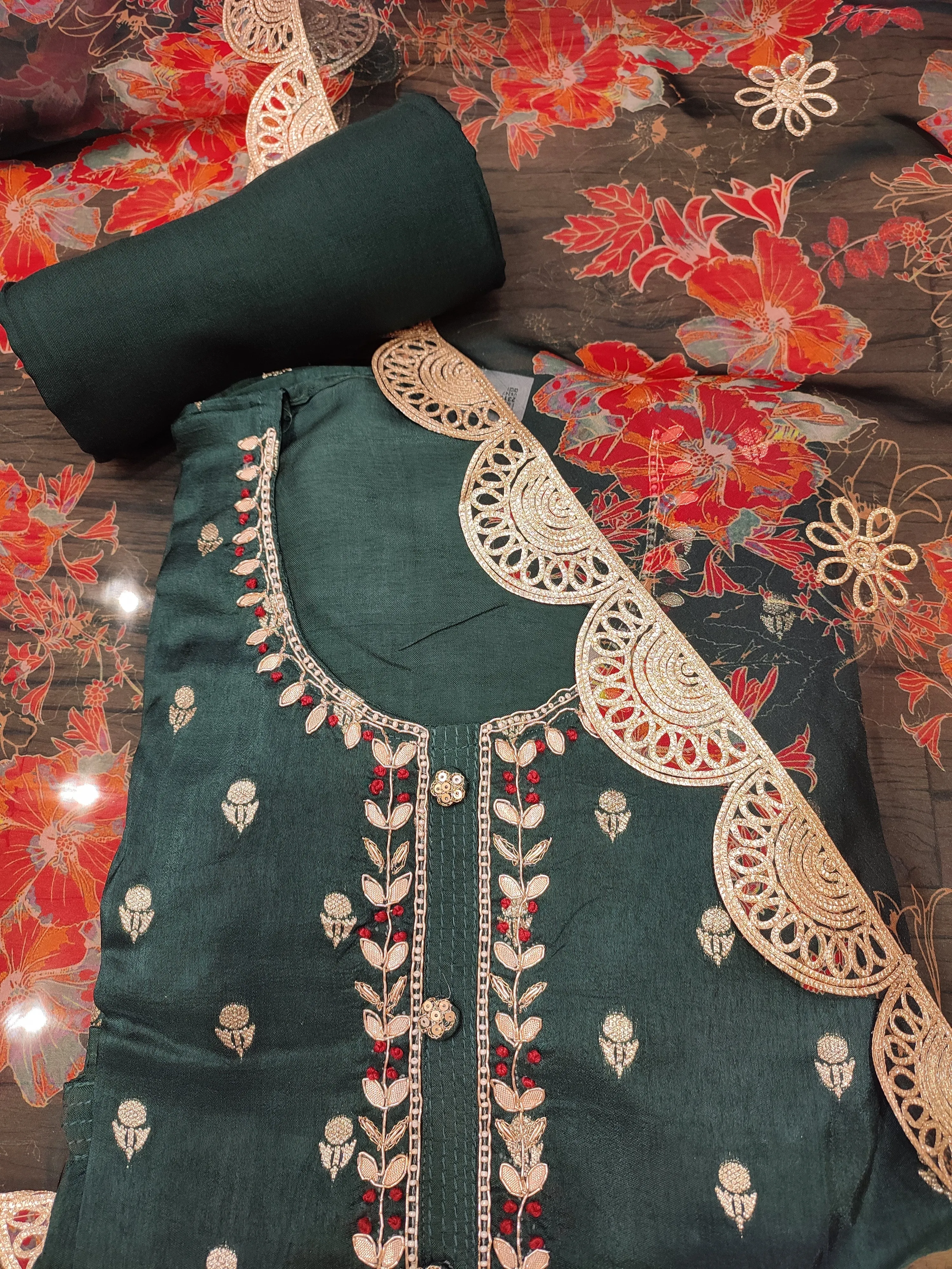 Green Silk Semi-Stitch Suit With Gota Patti Dubka Handwork