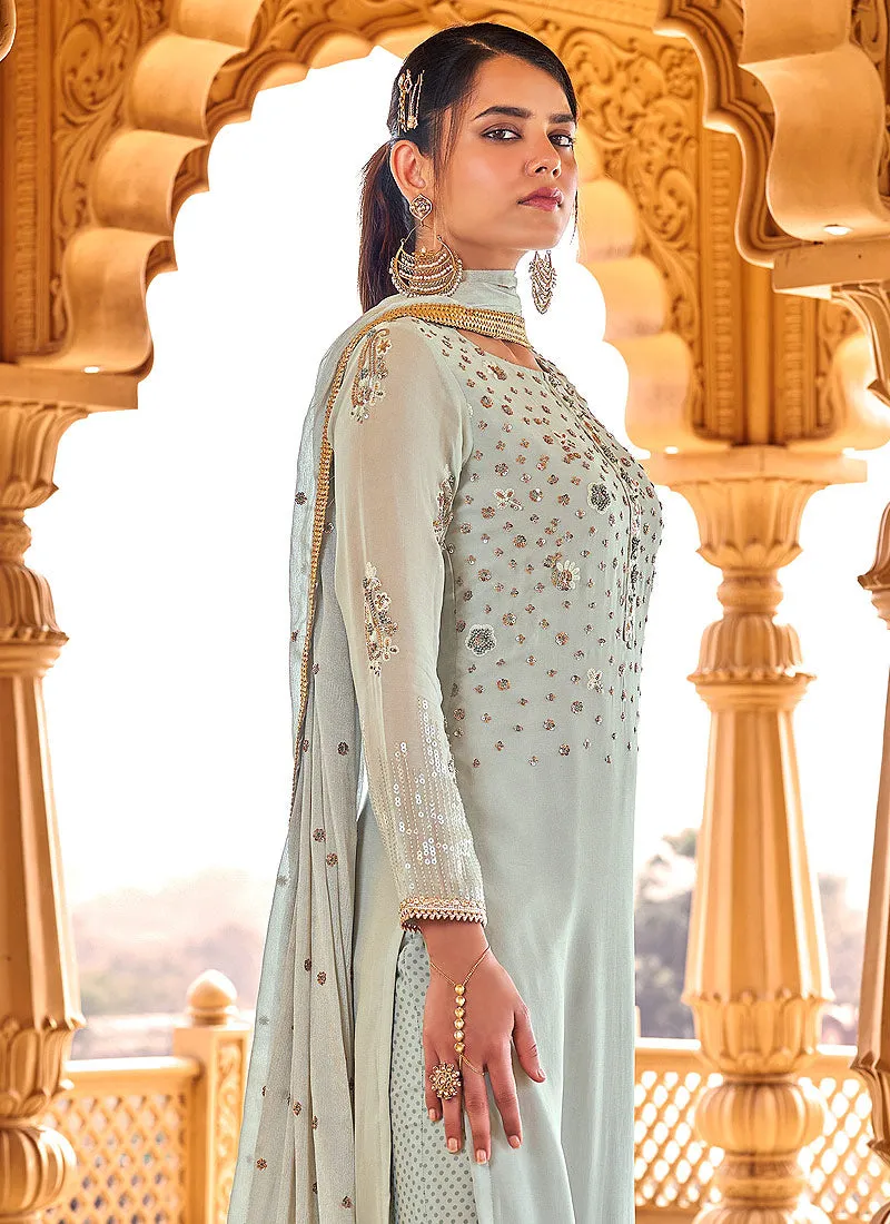 Ice Blue Embroidered Georgette Pant Style Suit