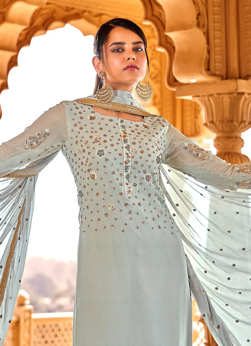 Ice Blue Embroidered Georgette Pant Style Suit