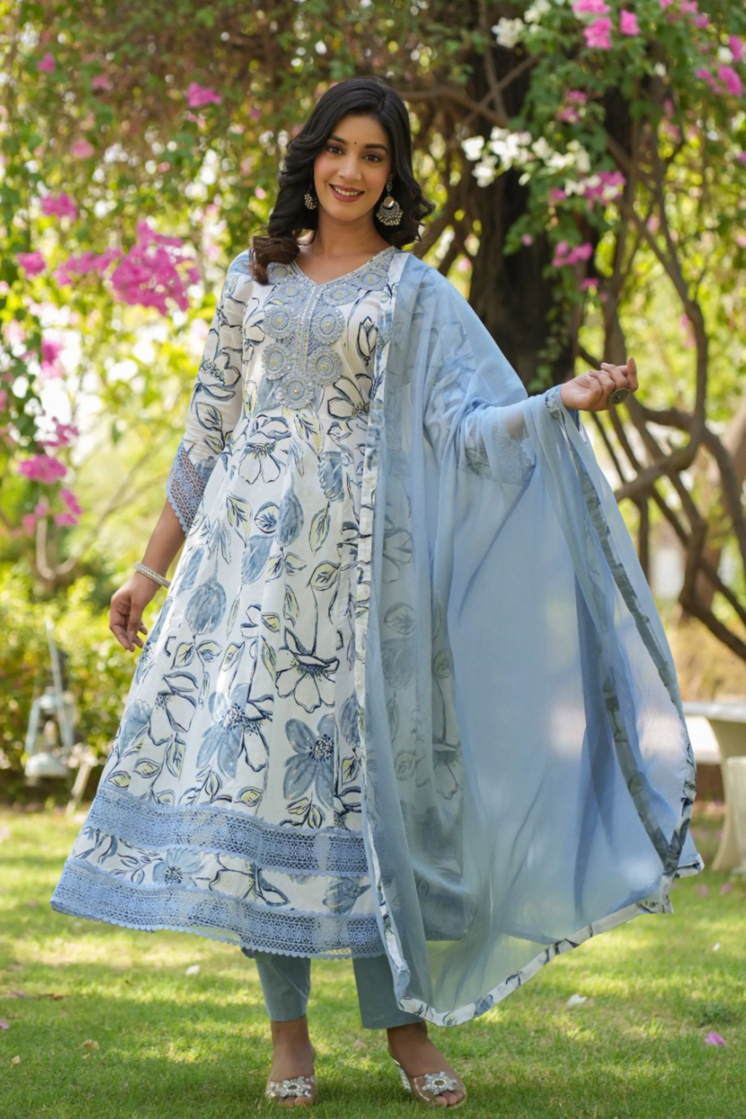 Ice Blue Floral Anarkali Suit Set