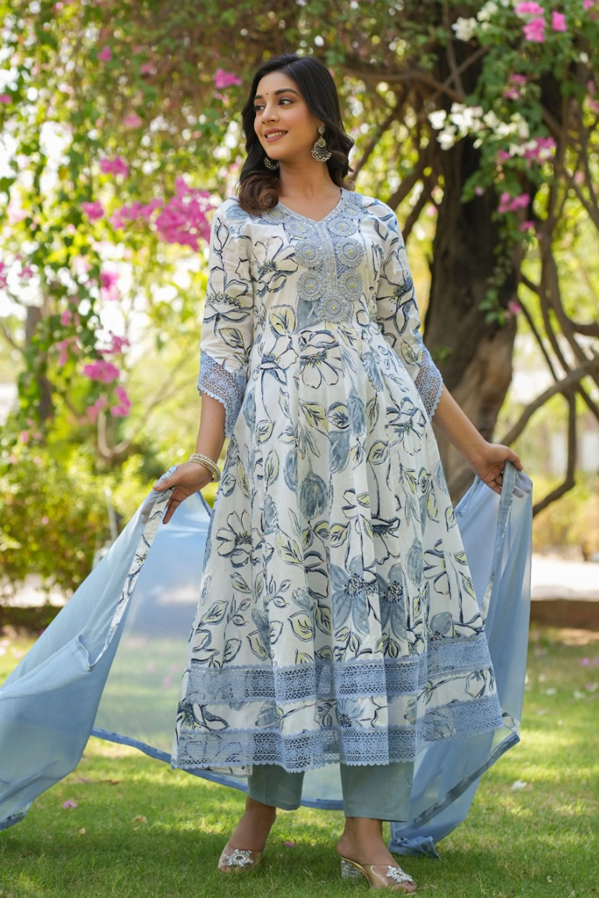 Ice Blue Floral Anarkali Suit Set