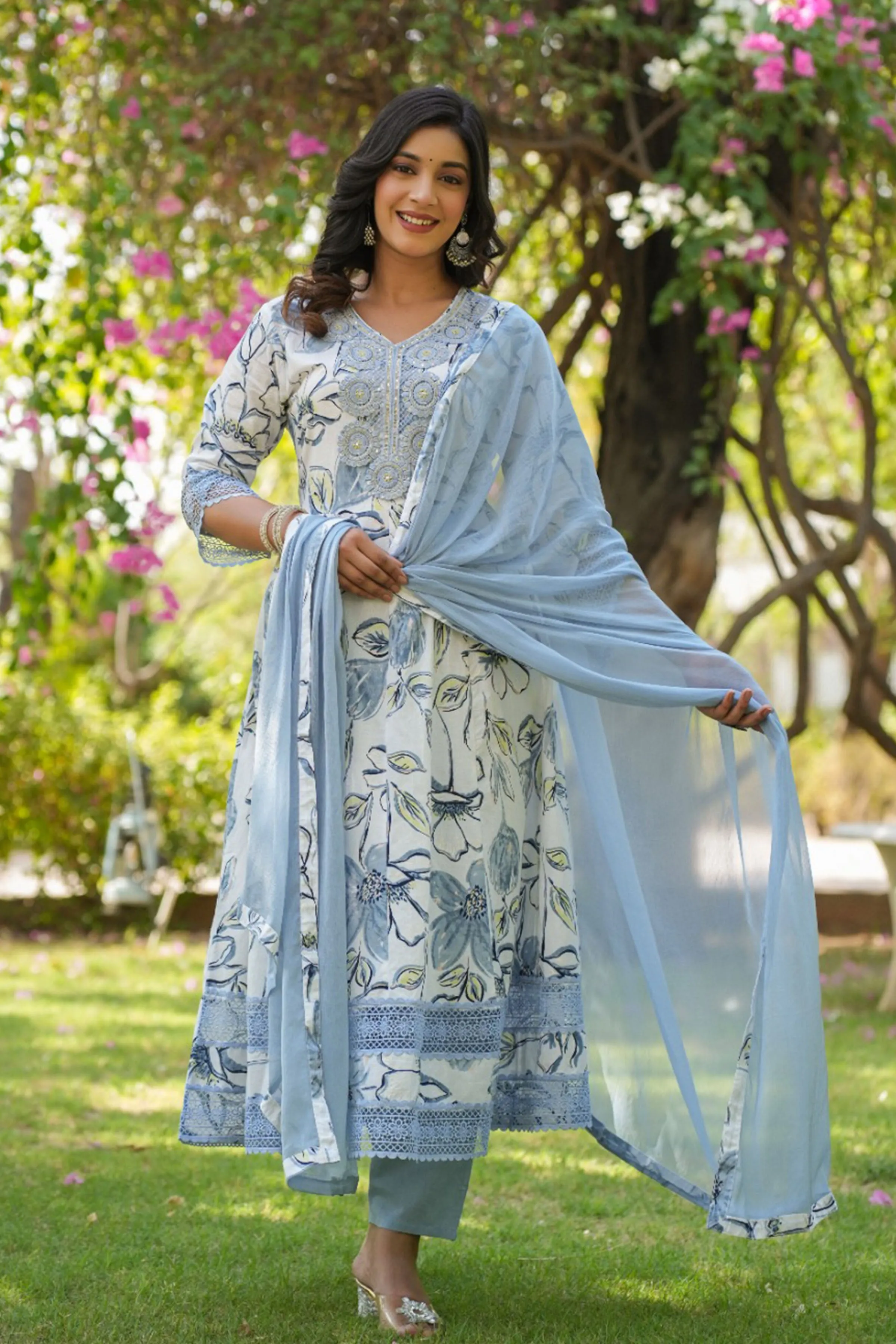 Ice Blue Floral Anarkali Suit Set